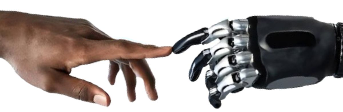 Image of a human hand touching a robotic hand.